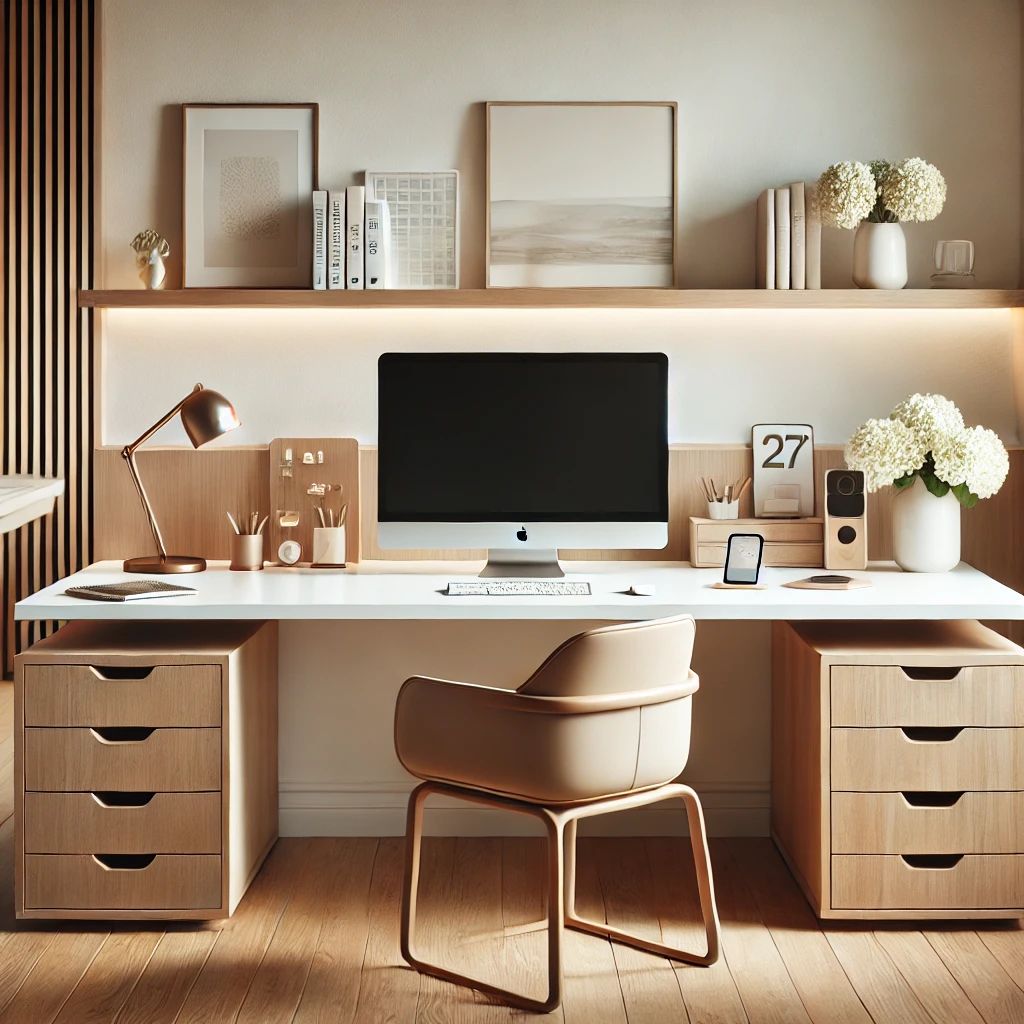 Organized home office desk with labeled storage zones and natural lighting